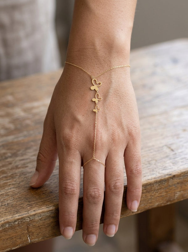 Pulsera de mano de oro 14k con tres mariposas Mod 6201 - 18 cm