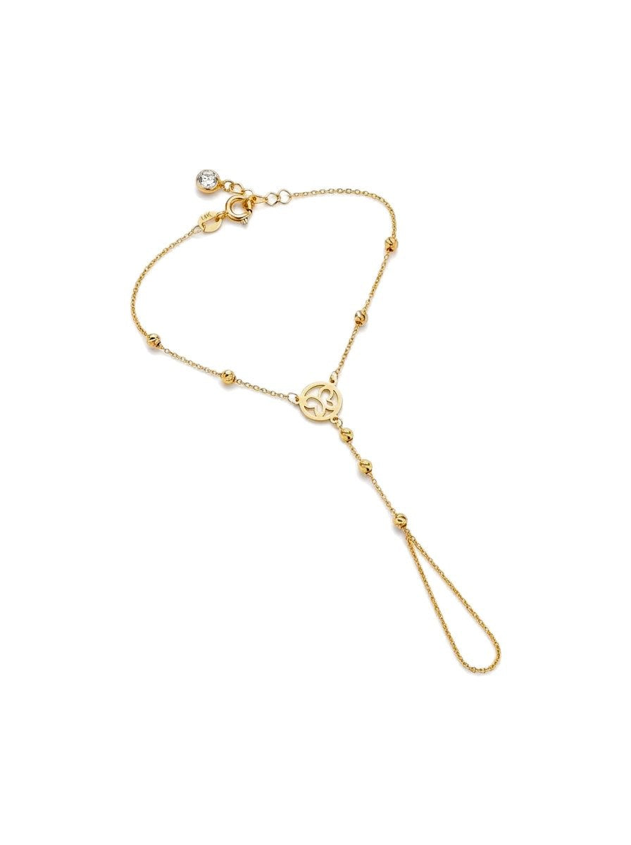 Pulsera de mano de oro 14k con medalla calada y bolitas Mod 6202 - 18 cm