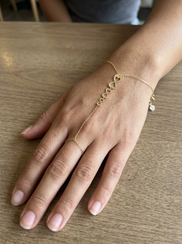 Pulsera de mano de oro 14k con tres infinitos de corazones Mod 6206 - 18 cm