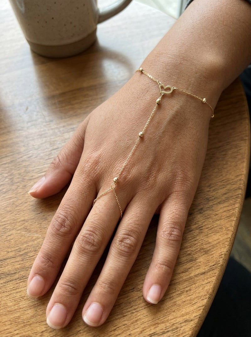 Pulsera de mano de oro 14k con corazón calado y bolitas Mod 6207 - 18 cm