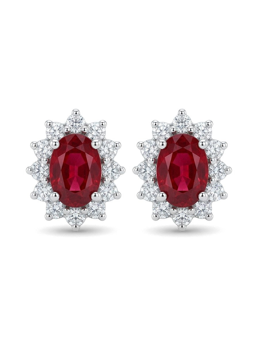 Aretes de oro blanco 18k estilo Lady Di con rubíes naturales y diamantes naturales Mod 6222