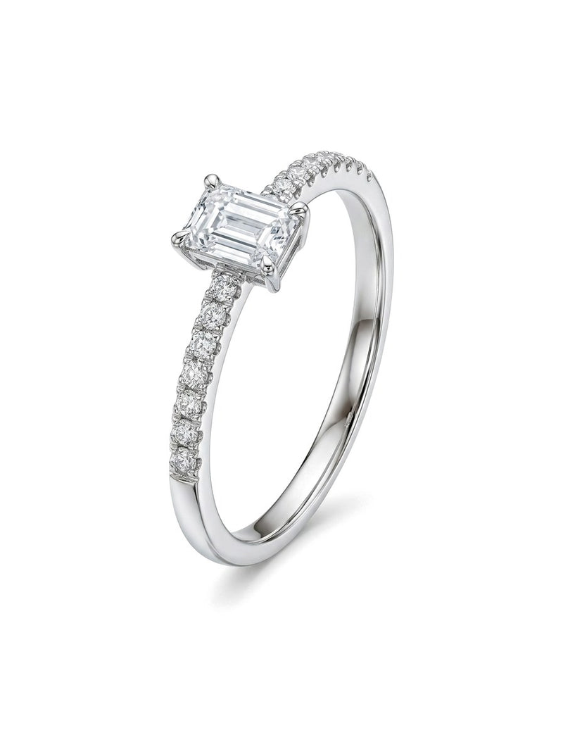 Anillo de oro blanco 18k solitario con diamante natural corte esmeralda Mod 6232