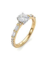 Anillo de oro 14k solitario con diamante de laboratorio y baguettes Mod 6241