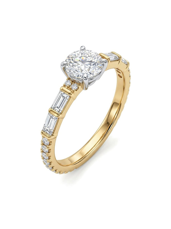 Anillo de oro 14k solitario con diamante de laboratorio y baguettes Mod 6241