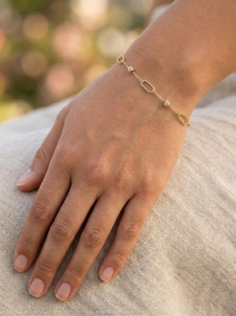 Pulsera de oro 14k con eslabones alargados y bolitas diamantadas Mod 6242 - 18 cm