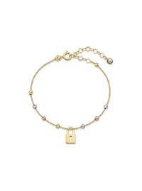 Pulsera de oro 14k con bolitas tricolor y dije de candado Mod 6243 - 18 cm