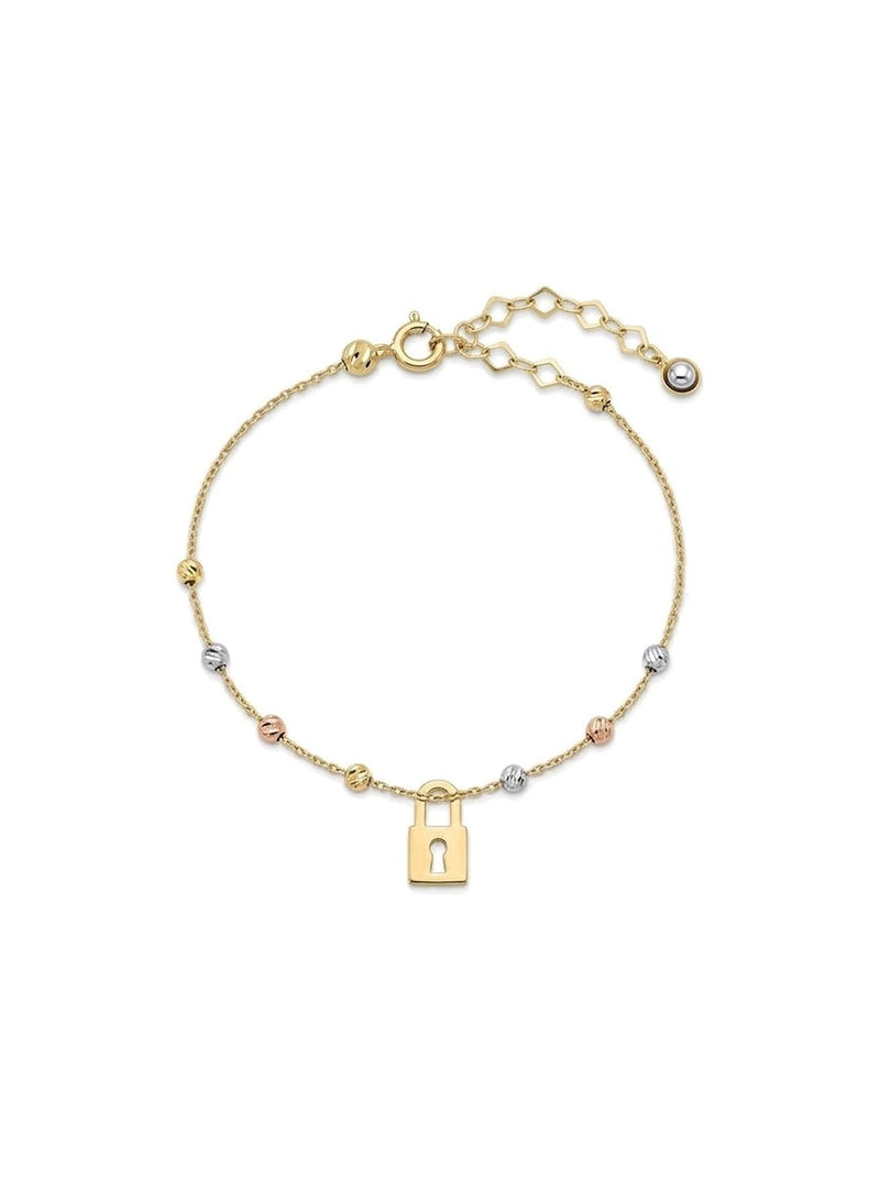 Pulsera de oro 14k con bolitas tricolor y dije de candado Mod 6243 - 18 cm
