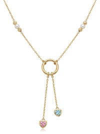 Gargantilla de oro 14k con aro, corazones de circonia y perlas cultivadas Mod 6245 - 45 cm