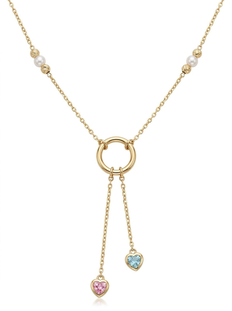 Gargantilla de oro 14k con aro, corazones de circonia y perlas cultivadas Mod 6245 - 45 cm