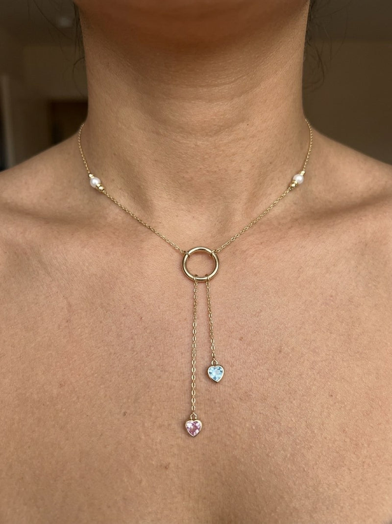 Gargantilla de oro 14k con aro, corazones de circonia y perlas cultivadas Mod 6245 - 45 cm