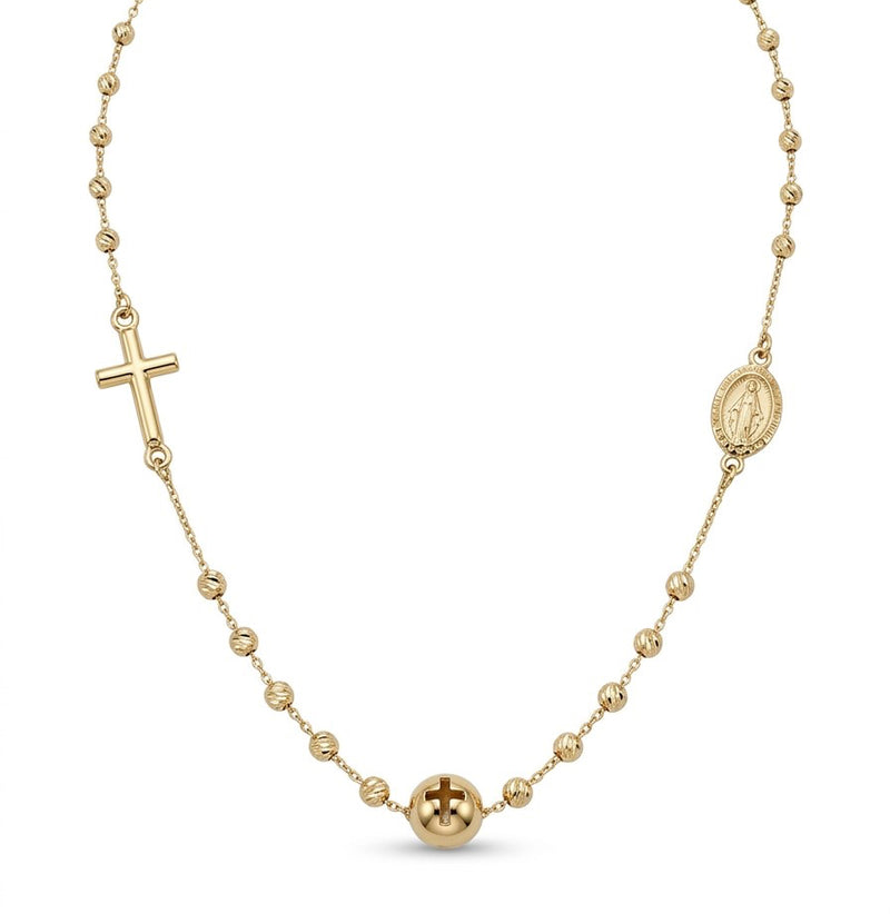 Gargantilla de oro 14k estilo rosario con cruz y medalla de la Virgen Mod 6249 - 45 cm