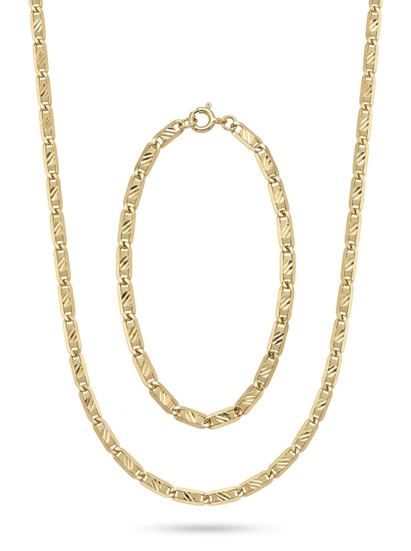 Set de oro 14k de cadena y pulsera tejido plano diamantado Mod 6263 - 55 cm y 18 cm x 2.5 mm