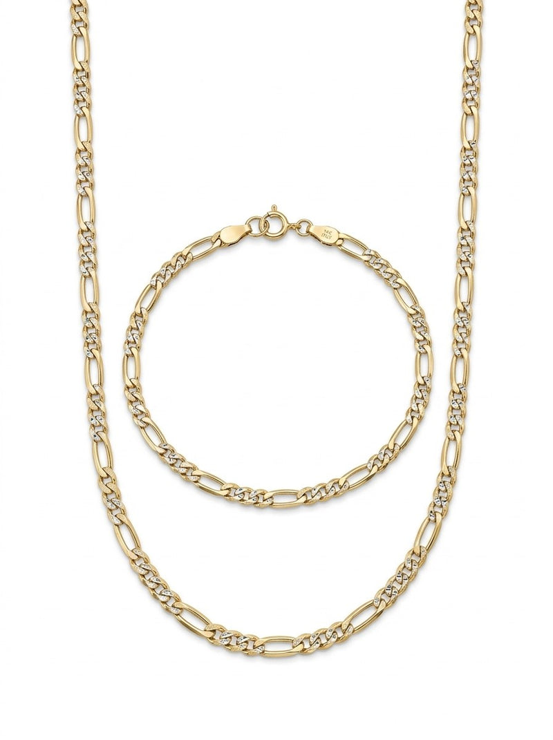 Set de oro 14k de cadena y pulsera tejido fígaro diamantado Mod 6265 - 45 cm y 18 cm x 3 mm
