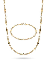 Set de oro 14k de cadena y pulsera tejido barbado diamantado con placas Mod 6267 - 50 cm y 18 cm x 2 mm