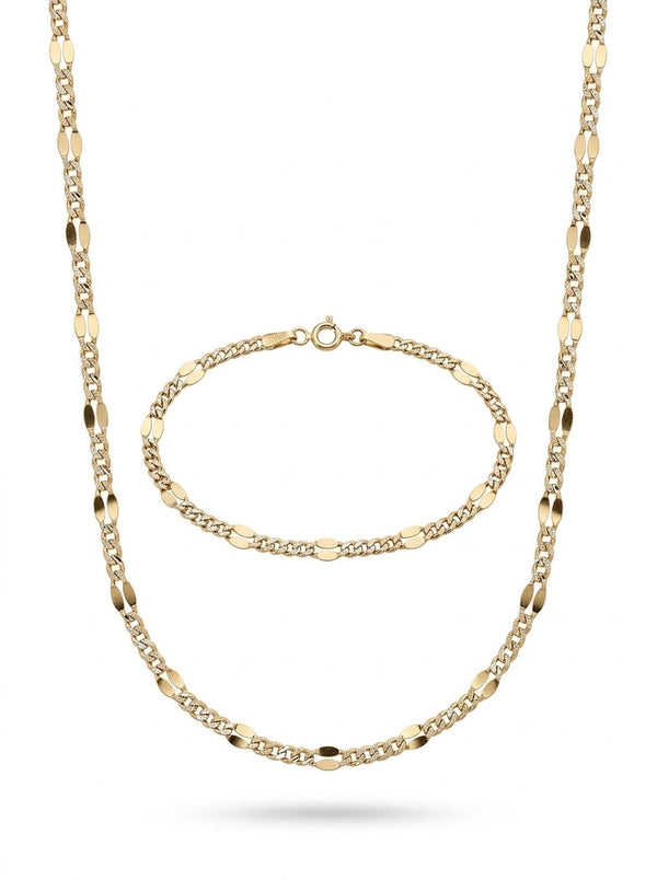 Set de oro 14k de cadena y pulsera tejido barbado diamantado con placas Mod 6267 - 50 cm y 18 cm x 2 mm