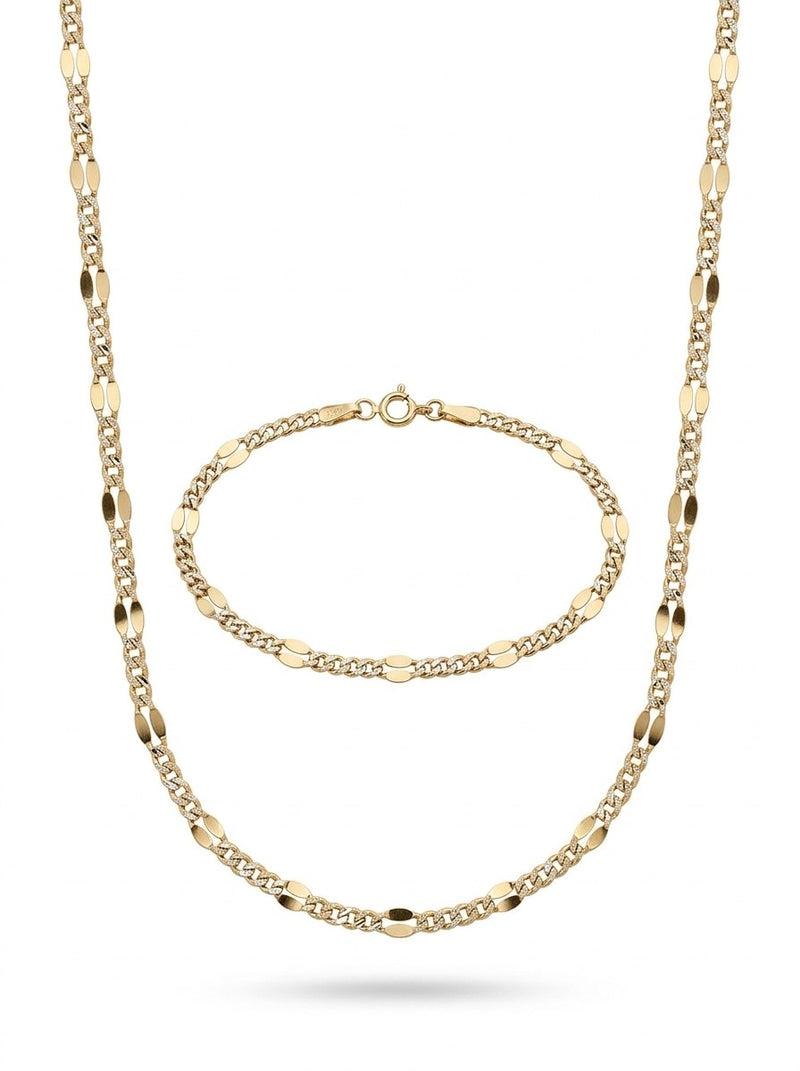 Set de oro 14k de cadena y pulsera tejido barbado diamantado con placas Mod 6267 - 50 cm y 18 cm x 2 mm