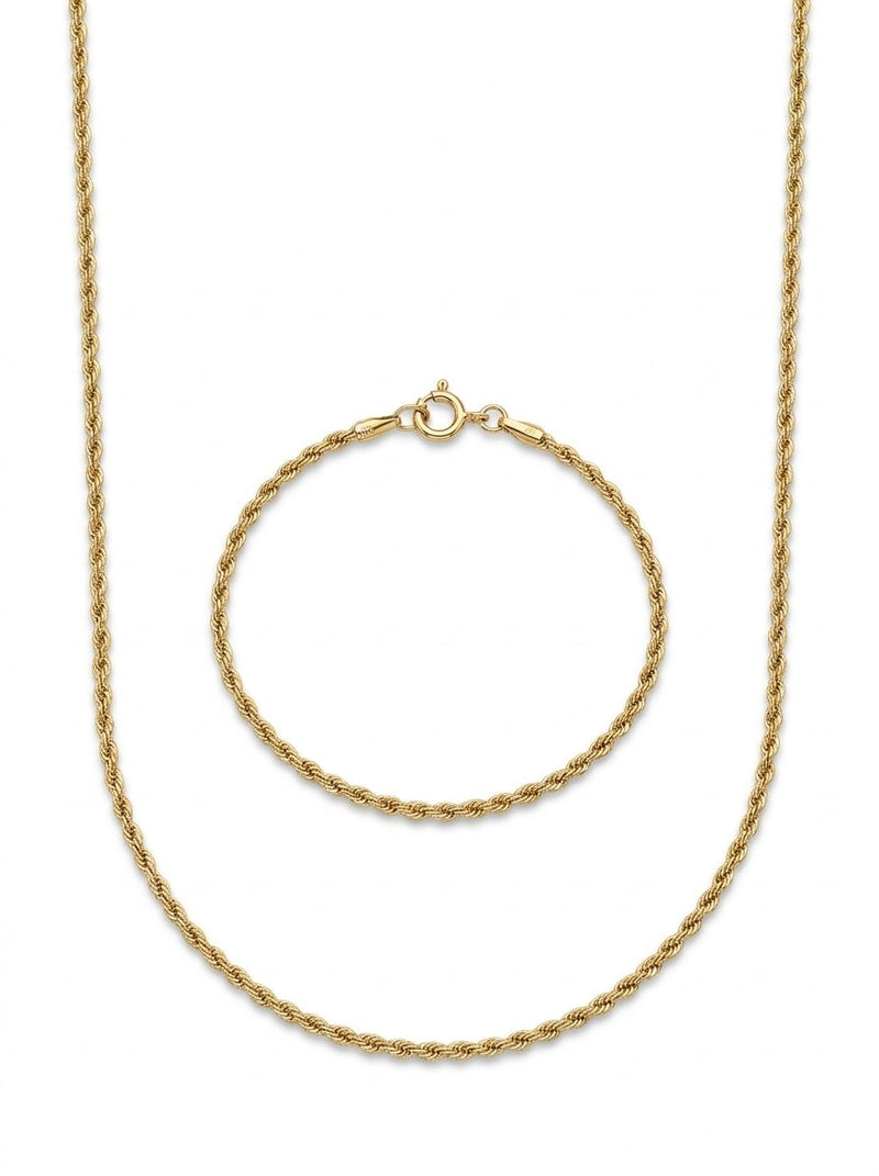 Set de oro 14k de cadena y pulsera tejido torzal Mod 6268 - 60 cm y 18 cm x 2 mm