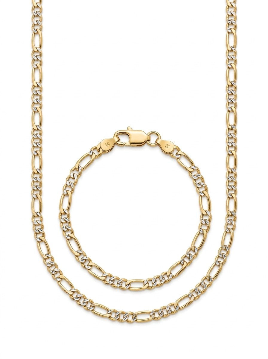 Set de oro 14k de cadena y pulsera tejido fígaro en dos tonos Mod 6269 - 60 cm y 18 cm x 4 mm