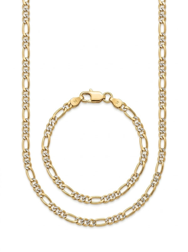 Set de oro 14k de cadena y pulsera tejido fígaro en dos tonos Mod 6269 - 60 cm y 18 cm x 4 mm