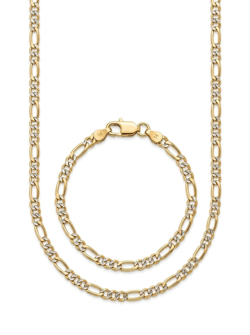 Set de oro 14k de cadena y pulsera tejido fígaro en dos tonos Mod 6269 - 60 cm y 18 cm x 4 mm