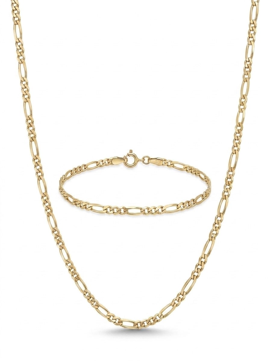 Set de oro 14k de cadena y pulsera tejido fígaro Mod 6271 - 55 cm y 18 cm x 3 mm
