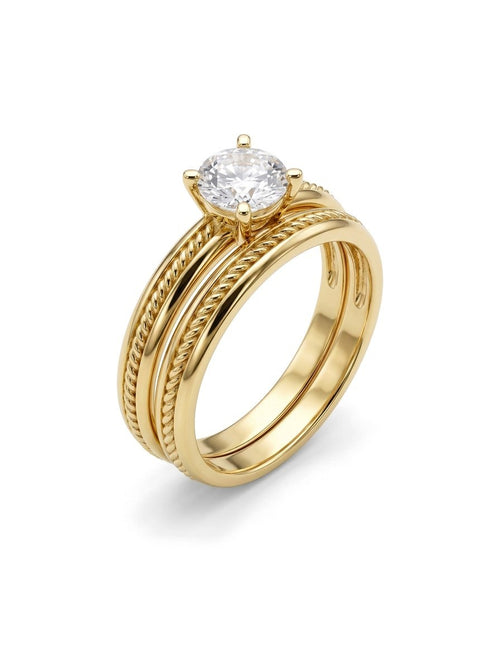 Alianza de oro 14k con solitario de circonia y bandas tipo cuerda Mod 6291