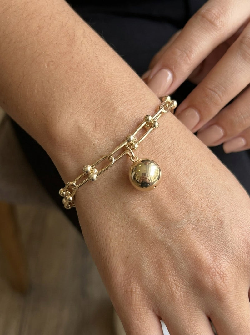 Pulsera de oro 14k tipo diseñador eslabón U con esfera Mod 6299 - 18 cm