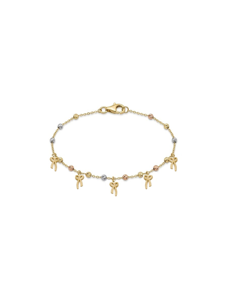 Pulsera de oro 14k con dijes de moño y esferas diamantadas tricolor Mod 6300 - 18 cm