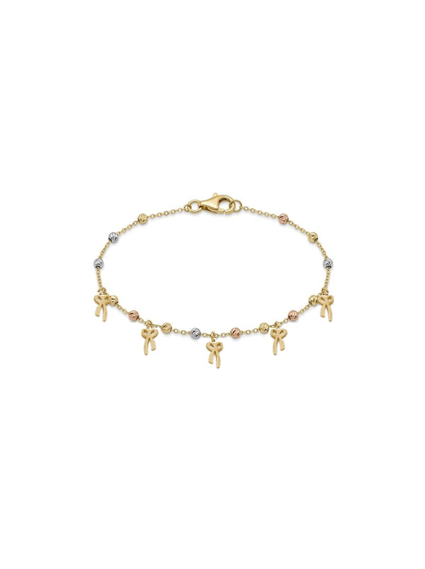 Pulsera de oro 14k con dijes de moño y esferas diamantadas tricolor Mod 6300 - 18 cm