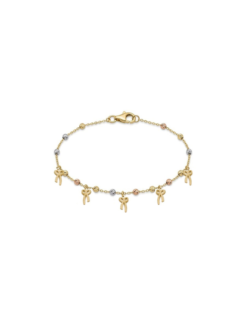Pulsera de oro 14k con dijes de moño y esferas diamantadas tricolor Mod 6300 - 18 cm