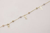 Pulsera de oro 14k con dijes de moño y esferas diamantadas tricolor Mod 6300 - 18 cm, diseño de cerca