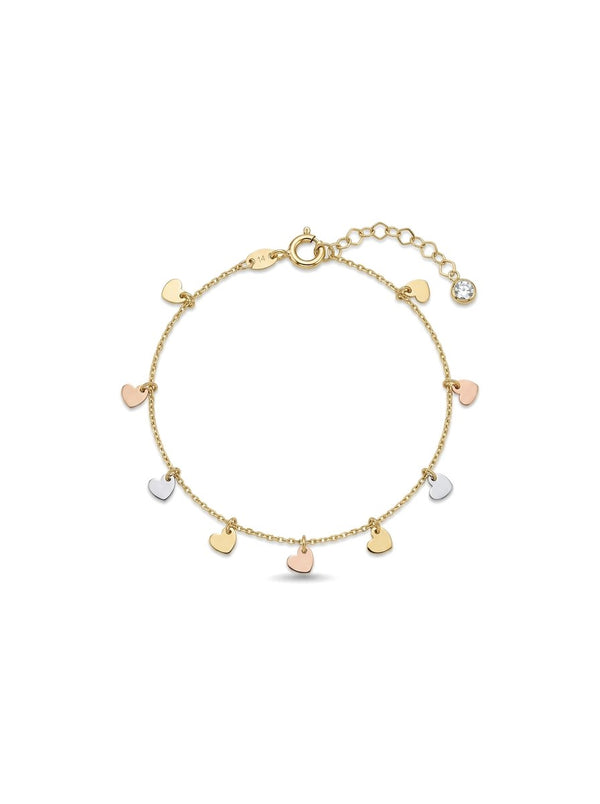 Pulsera de oro tricolor 14k con dijes de corazón colgantes Mod 6302 - 18 cm