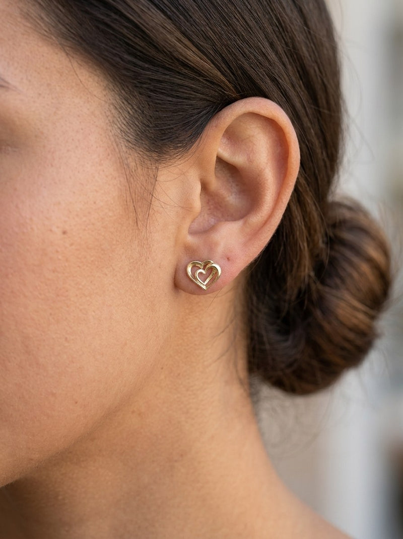 Aretes de oro 14k de doble corazón calado Mod 6305