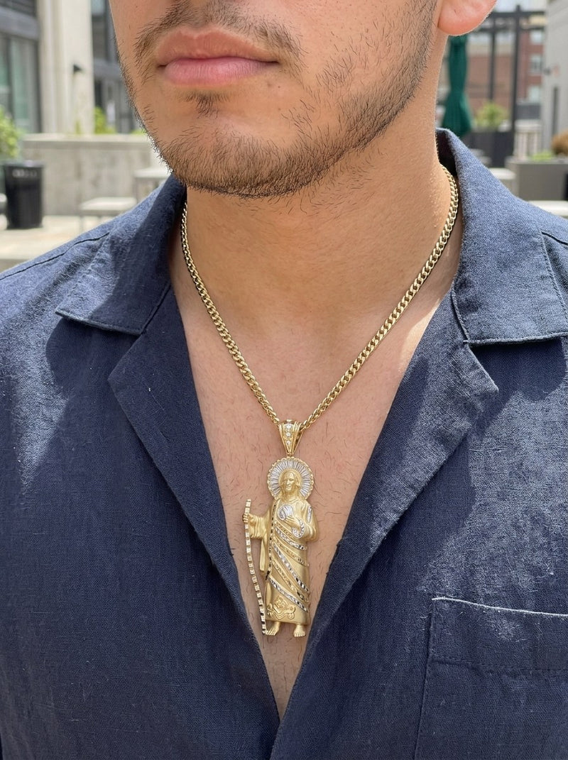 Dije de oro 14k de San Judas Tadeo con detalles en oro blanco y circonias Mod 6311 - 8 cm