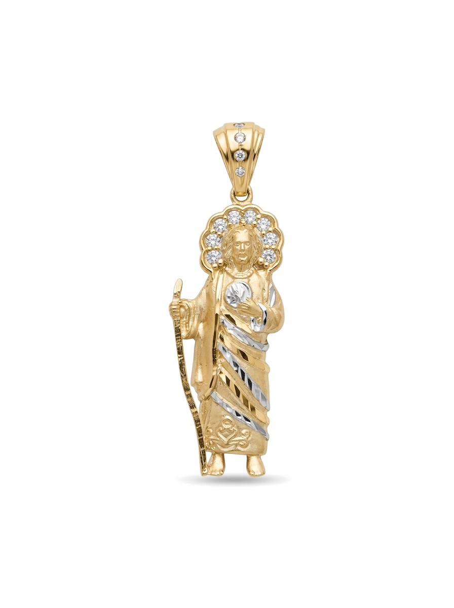 Dije de oro 14k de San Judas Tadeo con detalles en oro blanco y circonias Mod 6314 - 4 cm