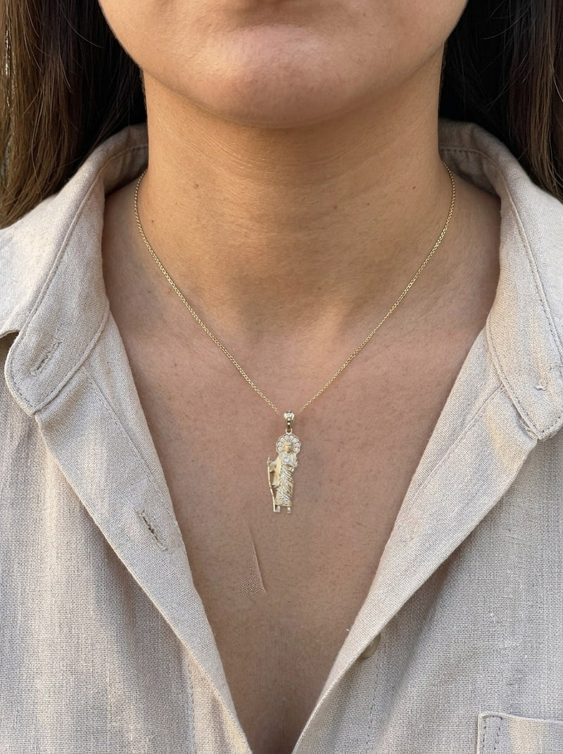 Dije de oro 14k de San Judas Tadeo con detalles en oro blanco y circonias Mod 6314 - 4 cm
