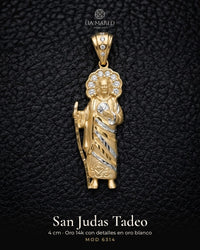 Dije de oro 14k de San Judas Tadeo con detalles en oro blanco y circonias Mod 6314 - 4 cm, foto de estudio