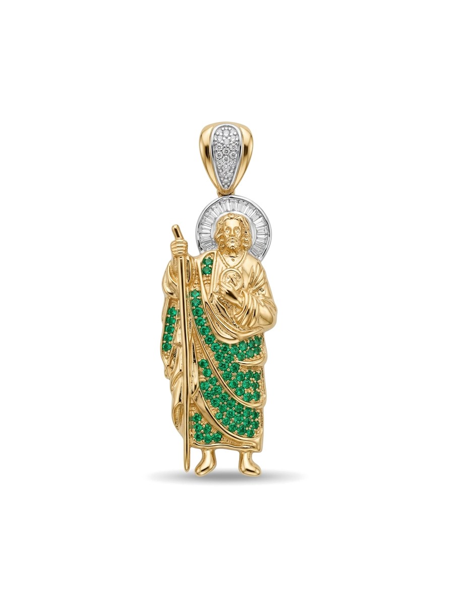 Dije de oro 14k de San Judas Tadeo con circonias verdes y blancas Mod 6316 - 5 cm