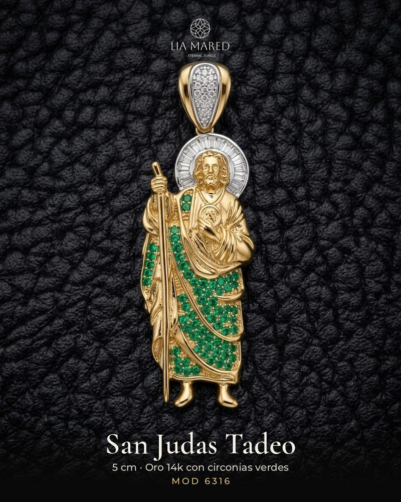 Dije de oro 14k de San Judas Tadeo con circonias verdes y blancas Mod 6316 - 5 cm