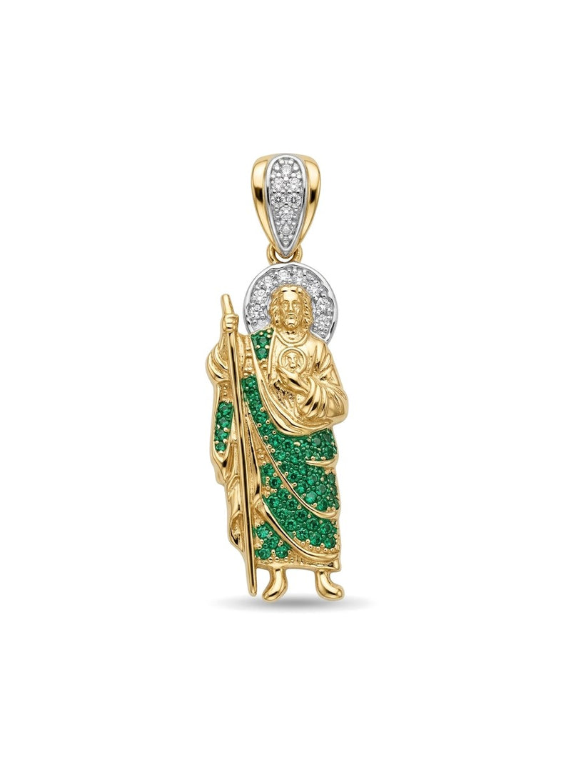 Dije de oro 14k de San Judas Tadeo con circonias verdes y blancas Mod 6317 - 3.5 cm