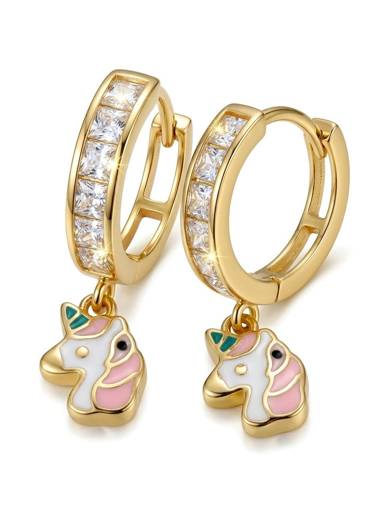 Huggies de oro 14k con circonias y unicornio de esmalte Mod 6328
