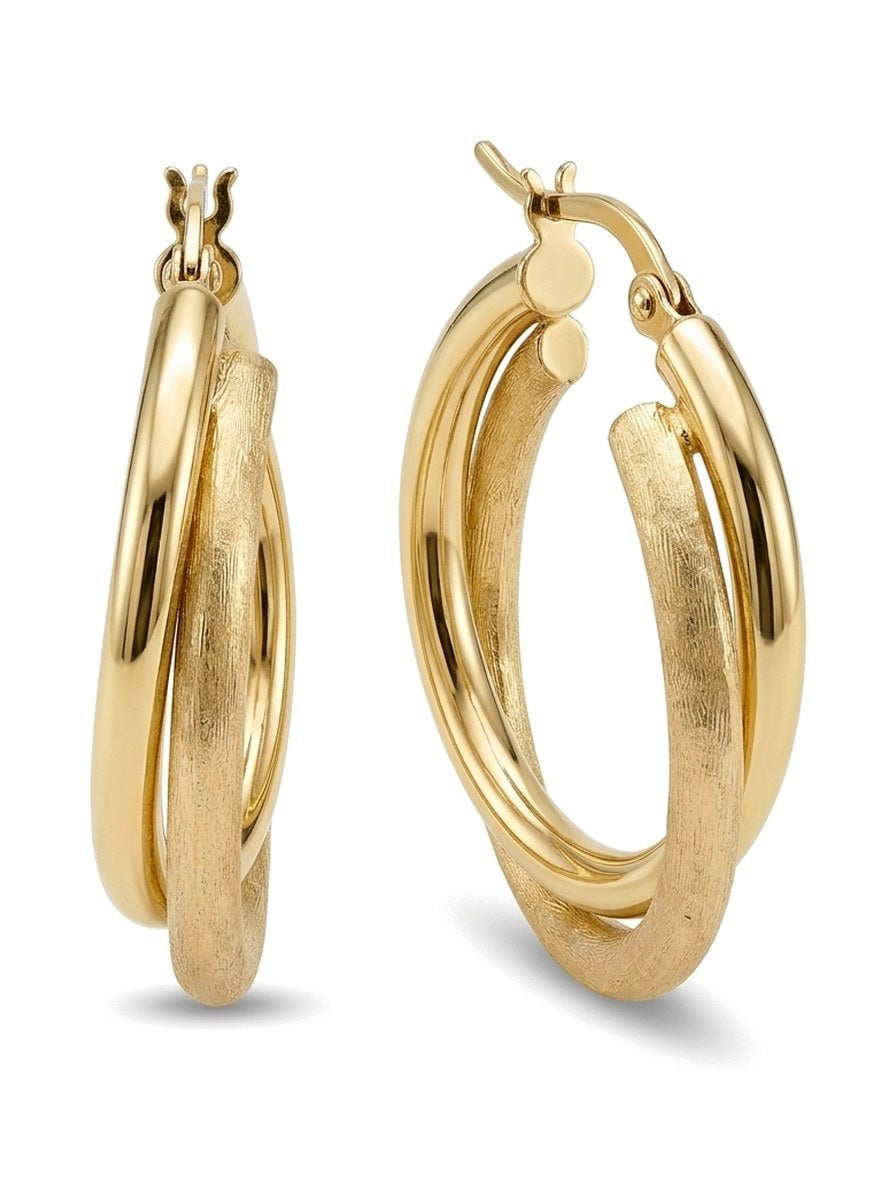 Arracadas de oro 14k de doble aro pulido y satinado Mod 6332 - 3 cm