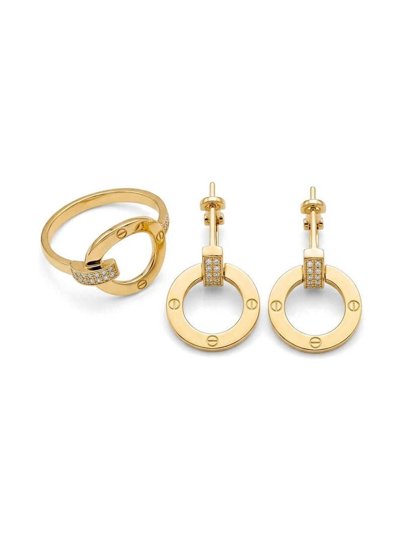 Set de oro 14k tipo diseñador de anillo y aretes con tornillos y circonias Mod 6340