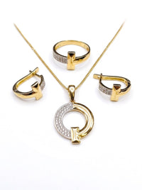 Set de oro 14k tipo diseñador de dije, anillo y aretes con T y circonias Mod 6341 - 45 cm