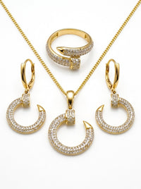 Set de oro 14k tipo diseñador de dije, anillo y aretes de clavo con circonias Mod 6342 - 45 cm