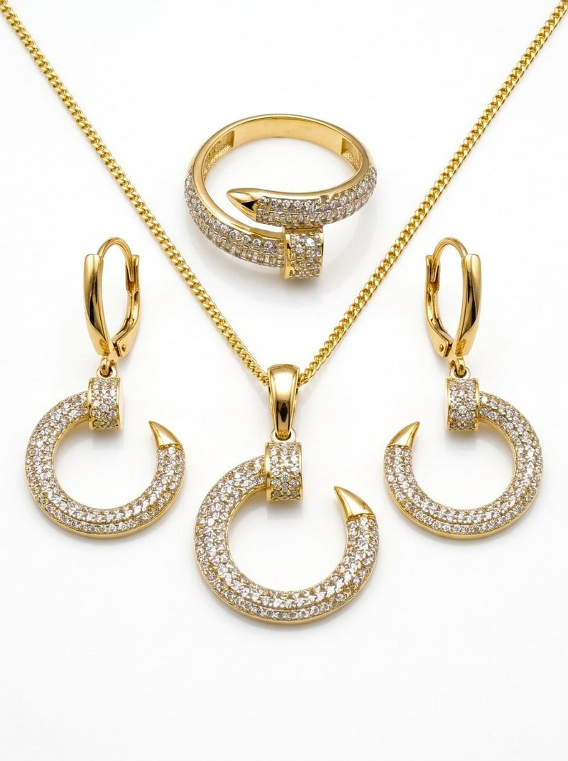 Set de oro 14k tipo diseñador de dije, anillo y aretes de clavo con circonias Mod 6342 - 45 cm