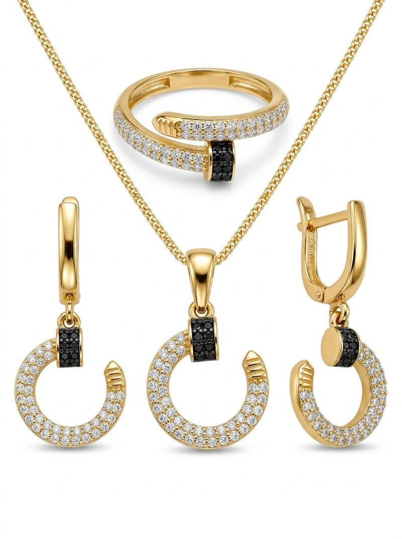 Set de oro 14k tipo diseñador de dije, anillo y aretes de clavo con circonias blancas y negras Mod 6343 - 45 cm