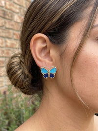 Aretes de oro 14k tipo diseñador de mariposa con piedras naturales Mod 6345 - 2 cm