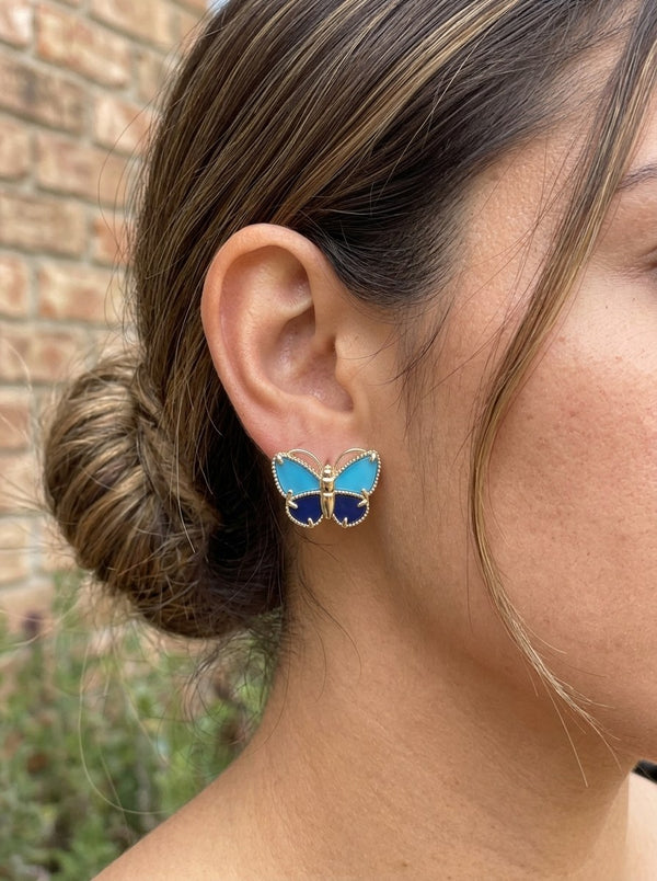 Aretes de oro 14k tipo diseñador de mariposa con piedras naturales Mod 6345 - 2 cm