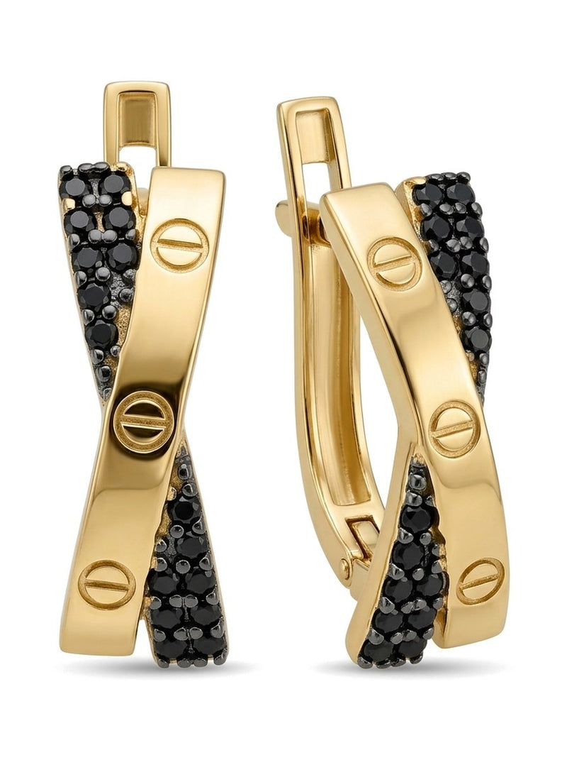 Aretes de oro 14k tipo diseñador cruzados con tornillos y circonias negras Mod 6349 - 1.5 cm